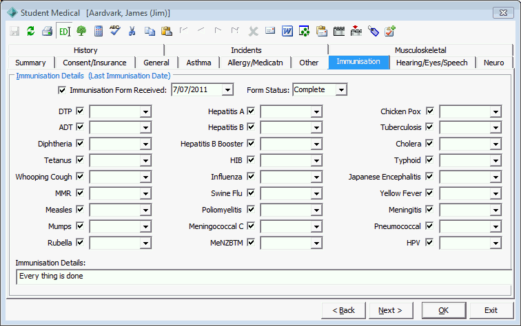 Medical Maintenance - Immunisation tab