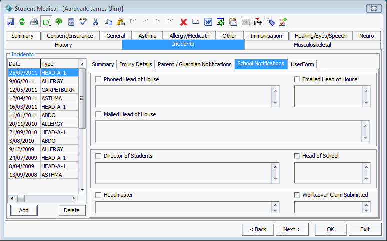 Medical Maintenance - Incidents tab - School Notification tab