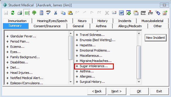 Student Medical - Summary tab (cut down, sugar intolerance highlighted)