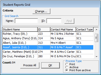 Student Reports Grid window
