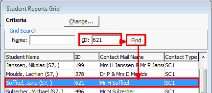 Student Reports Grid window (ID example)