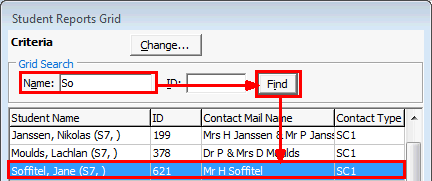 Student Reports Grid window (Name example)