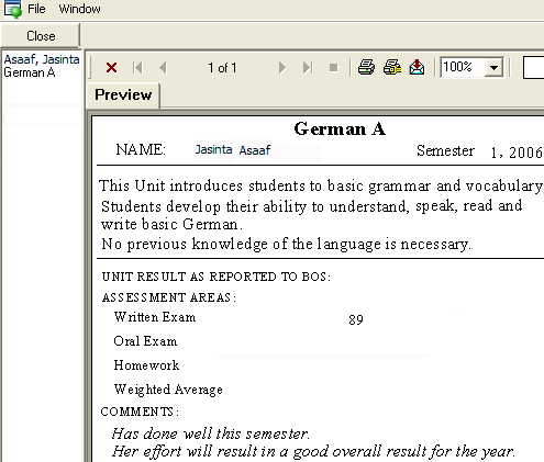 Student Reports Preview window