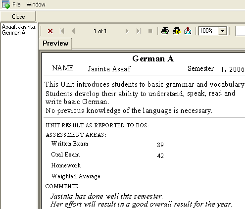 Student Reports Preview report