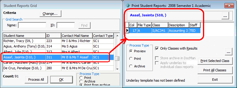 Student Reports windows