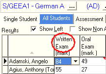 Student Results Maintenance - All Students tab (Abbrev Heading example)