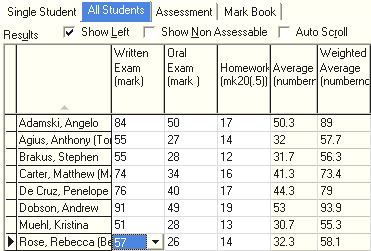 Student Results Maintenance - All Students tab (Average, Weighted Average)
