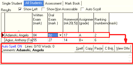 Student Results Maintenance - All Students tab (Comments field)