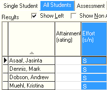 Student Results Maintenance - All Students tab (Entering results in bulk, after setting Effort field)