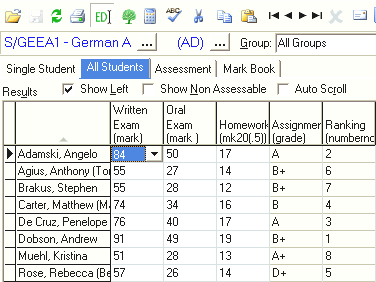 Student Results Maintenance - All Students tab (cut down)