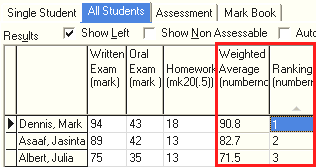 Student Results Maintenance - All Students tab (cut down)