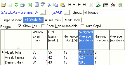 Student Results Maintenance - All Students tab (cut down)