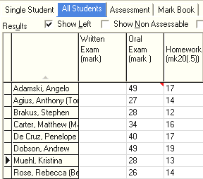 Student Results Maintenance - All Students tab (cut down)