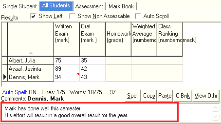 Student Results Maintenance - All Students tab (overall comments)