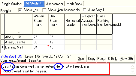 Student Results Maintenance - All Students tab (overall comment)