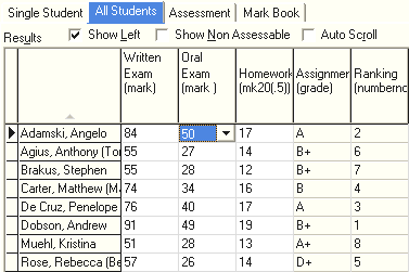 Student Results Maintenance - All Students tab (cut down)