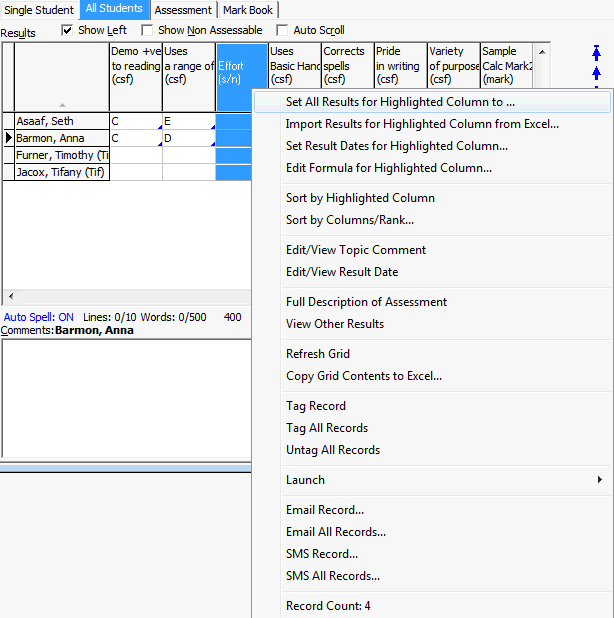 Student Results Maintenance - All Students tab (right click, Set All Results for Highlighted Column to, Entering results in bulk, step 3)