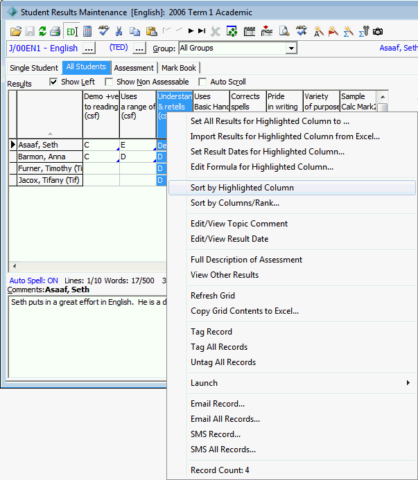 Student Results Maintenance - All Students tab (right click menu)