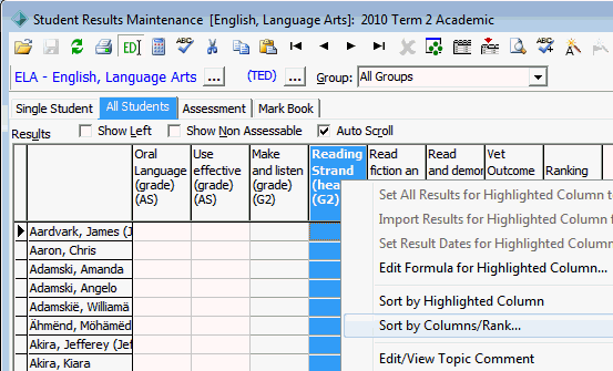 Sort student results right click menu