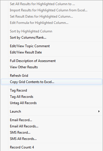 Right mouse, Copy Grid Contents to Excel