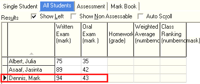 Student Results Maintenance - All Students tab (select student)