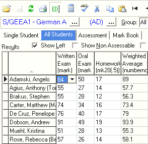 Student Results Maintenance - All Students tab (Weighted Average example)
