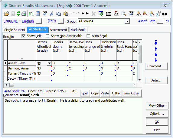 Student Results Maintenance - All Students tab