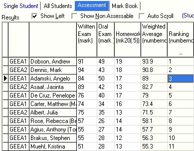 Student Results Maintenance - Assessments tab (Ranking example)