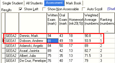 Student Results Maintenance - Assessments tab (Ranking example, @sfRankClassHighLow)