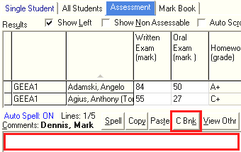 Student Results Maintenance - Assessment tab (C Bnk button)