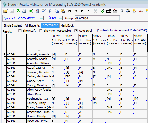 Student Results Maintenance - Assessment tab (cut down)