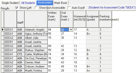 Student Results Maintenance - Assessment tab (cut down)