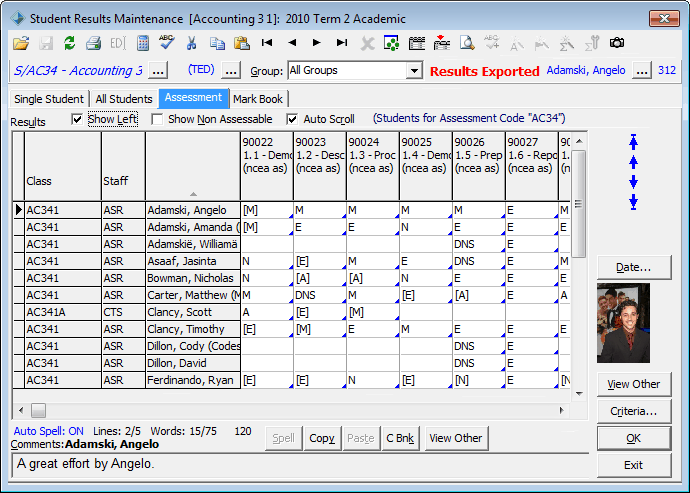 Student Results Maintenance - Assessment tab