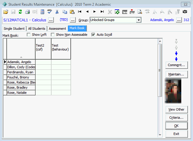 Student Results Maintenance - Markbook tab