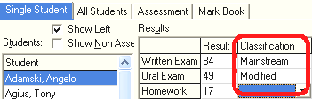 Student Results Maintenance - Single Student tab (Classification field)