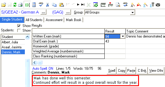 Student Results Maintenance - Single Student tab (overall comments)