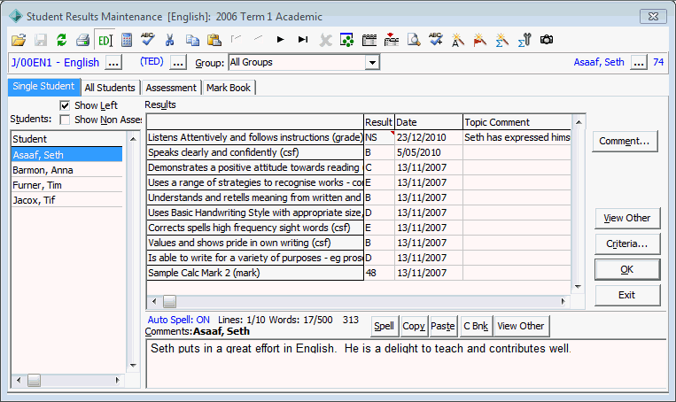 Student Results Maintenance - Single Student tab