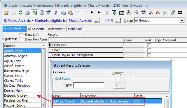 Student Results Maintenance - Student result selector to students (award example)