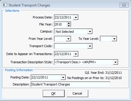Student Transport Charges window