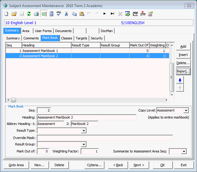 Subject Asessment Maintenance - Summary tab - Mark Book sub-tab
