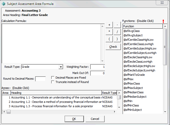 Subject Assessment Area Formula window