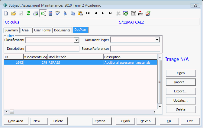 Subject Assessment Area Maintenance - DocMan tab