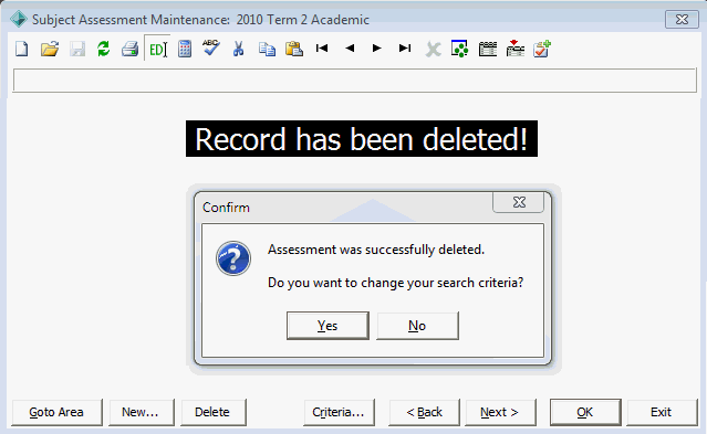 Subject Assessment Maintenance window (Record deleted)