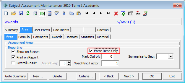 Subject Assessment Maintenance - Area tab - Area sub-tab (Force Read Only field highlighted, awards example)