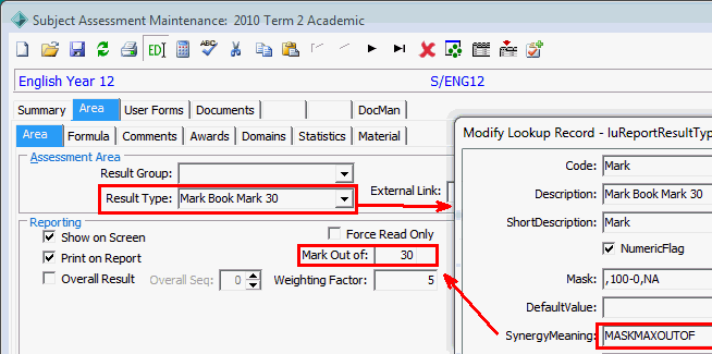 Subject Assessment Maintenance - Area tab - Area sub-tab (cut down)