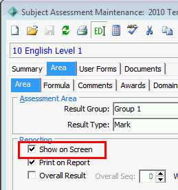 Subject Assessment Maintenance - Area tab - Area sub-tab (cut down)