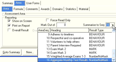 Subject Assessment Maintenance - Area tab - Area sub-tab (Summarise to Seq)