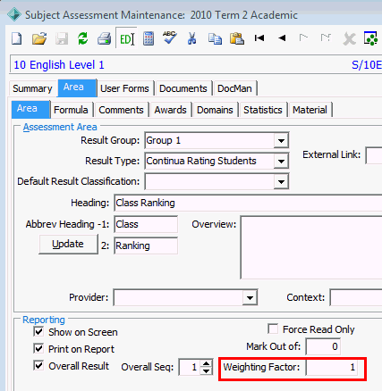 Subject Assessment Maintenance - Area tab - Area sub-tab (cut down)