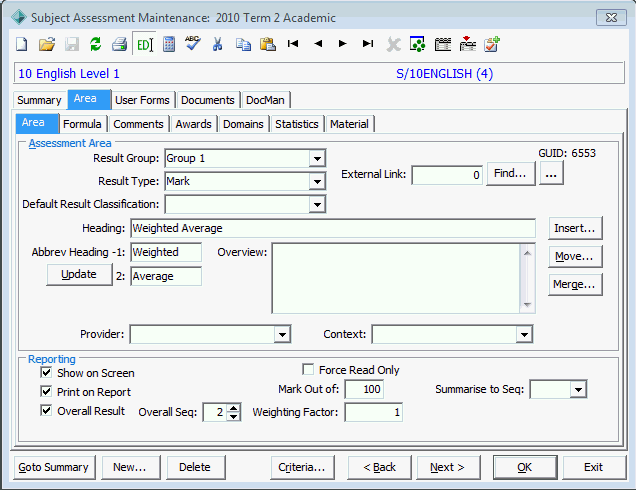Subject Assessment Maintenance - Area tab - Area sub-tab