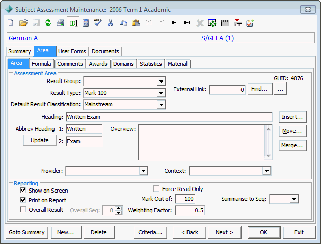 Subject Assessment Maintenance - Area tab - Area sub-tab